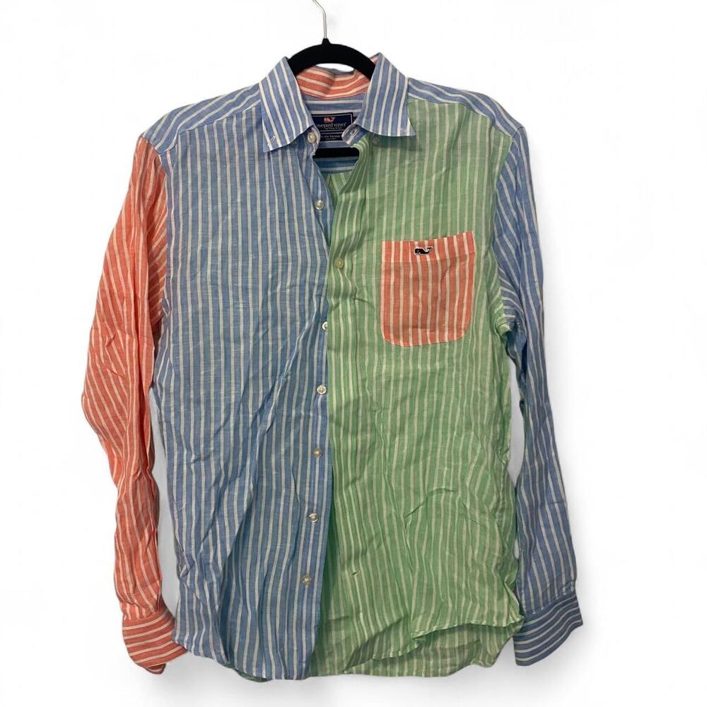 Vineyard Vines 100% Linen Colorblock Striped Multicolor button down shirt